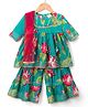 Teentare Cotton Woven Three Fourth Sleeves Kurta Sharara & Dupatta Set With Floral Print - Turquoise