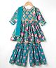 Teentare Cotton Woven Three Fourth Sleeves Kurti Gharara & Dupatta Set with Lotus Print - Turquoise & Pink