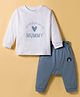 First Smile Interlock Knit Full Sleeves T-Shirt & Diaper Pant Set with Text Print - Navy Blue & White