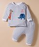 First Smile Interlock Knit Full Sleeves Striped T-Shirt & Diaper Pant Set with Animal Embroidery - Blue