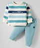 Ollypop Knit Full Sleeves Winter Wear Fleece T-Shirt & Lounge Pant Set With Stripes & Text Print - Teal Blue