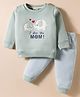 Ollypop Fleece Knit Full Sleeves Winter Wear T-Shirt & Lounge Pant Set with Elephant Patch Detailing - Sea Green