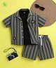 Ministitch Organic Cotton Woven Half Sleeves Striped Shirt & Coordinating Shorts With Tee Set - Olive