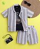 Ministitch Organic Cotton Woven Half Sleeves Striped Shirt & Coordinating Shorts With Tee Set - Beige