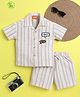 Ministitch Organic Cotton Woven Half Sleeves Striped & Hey Text Patch Detailed Coordinating Shirt & Short Set - Cream