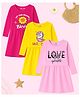 KUCHIPOO Cotton Blend Knit Pack Of 3 Full Sleeves Floral & Unicorn Printed Dresses - Yellow Pink & Dark Pink