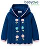 Babyoye Knitted Full Sleeves Hooded Front Open Sweater With Floral Embroidery - Navy Blue