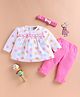 Wonderchild Full Sleeves Dots Printed Lace Detailed Top With Pant & Headband - White & Rose
