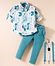 Dapper Dudes Full Sleeves Leaves Printed Shirt Pant With Suspender & Bow Set - Green