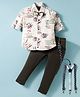 Dapper Dudes Full Sleeves Paint Stripes Printed Shirt Pant With Suspender & Bow Set - Cream