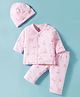 I Bears Knited Full Sleeves Co-ords Night Suit With Birds Print & Cap - Pink