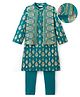 EARTHY TOUCH Single Jersey Knit Full Sleeves Kurta Pajama Set With Floral Printed Nehru Jacket - Teal Blue