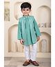 Polka Tots Cotton Woven Full Sleeves Solid Kurta Pyjama With Foil Striped Jacket Set - Aqua