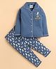 Polka Tots Cotton Woven Full Sleeves Captain Gull Text Printed Night Suit Set - Slate Blue
