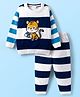 Babyhug Knit Full Sleeves Sweater Set with Stripes & Tiger Patch - White & Navy Blue