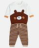 MINI KLUB Cotton Knit Full Sleeves Bear Embroidered Tee & Pant Set - White & Brown