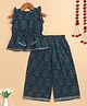 The Magic Wand Cotton Woven Frill Sleeves Floral Motifs Printed Gota Lace Embellished Coordinating Top & Palazzo Set - Teal Blue