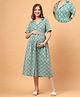 Zelena 100% Cotton Woven Half Sleeves Ikat Printed Maternity Shirt Style Dress With Centre Front Access - Sage Green