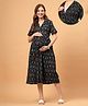 Zelena 100% Cotton Woven Half Sleeves Ikat Printed Maternity Shirt Style Dress With Centre Front Access - Black