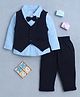 BUMZEE Cotton Knit Full Sleeves Striped 3 Piece Party Suit With Attached Bow - Sky Blue & Navy Blue