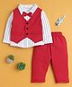 BUMZEE Cotton Knit Full Sleeves Striped 3 Piece Party Suit With Attached Bow - Red & White