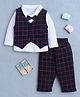 BUMZEE Cotton Knit Full Sleeves Checked 3 Piece Party Suit With Attached Bow - White & Navy