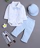BUMZEE Cotton Knit Full Sleeves Floral Printed & Attached Bow Onesie Pant Set With Suspender & Cap - Powder Blue & White