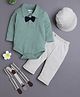 BUMZEE Cotton Knit Full Sleeves Solid & Attached Bow Onesie Pant Set With Suspender & Cap - Beige & Green