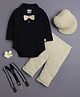 BUMZEE Cotton Knit Full Sleeves Solid & Attached Bow Onesie Pant Set With Suspender & Cap - Khaki & Black