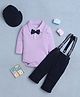 BUMZEE Cotton Knit Full Sleeves Solid & Attached Bow  Onesie & Pant Set With Suspender & Cap - Lavender & Navy