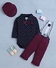 BUMZEE Cotton Knit Full Sleeves Polka Dots Printed & Attached Bow Onesie & Pant Set With Suspender & Cap - Navy Blue & Wine
