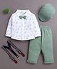 BUMZEE Cotton Knit Full Sleeves Snowflakes Printed  Shirt With Attached Bow & Pant Set With Suspender & Cap - Green & White
