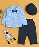 BUMZEE Cotton Knit Full Sleeves Floral Printed Shirt With Attached Bow & Pant Set With Suspender & Cap - Navy & Sky Blue