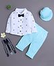 BUMZEE Cotton Knit Full Sleeves Geometric Printed Bow Applique Detailed Shirt & Pants With Suspender & Cap Set - Aqua Blue & White