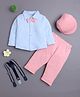 BUMZEE Cotton Knit Full Sleeves Solid Shirt With  Attached Bow & Pant Set With Suspender &  Cap - Pink & Powder Blue