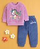 BUMZEE Cotton Blend Knit Full Sleeves Unicorn Puff Printed Light Winter Sweatshirt & Jogger Set - Lilac & Blue