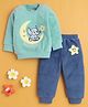BUMZEE Cotton Blend Knit Full Sleeves Elephant On Moon Embroidered Light Winter Sweatshirt & Jogger Set- Sea Green & Blue