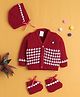 BUMZEE Knit Full Sleeves Abstract Designed Cardigan With Cap & Booties Set - Maroon - Circumference 26 Cms