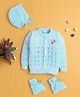 BUMZEE Knit Full Sleeves Floral & Abstract Designed Cardigan With Cap & Booties Set - Aqua Blue - Circumference 26 Cms