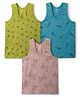 Zero Knit Sleeveless Vests With Tiger Guitar & Surfboard Print Pack of 3 - Teal Blue Olive Green & Pink