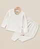 The little lookers Wool Knit Full Sleeves Sheep & Brand Name Printed Thermal Tee & Pant Set - Off White