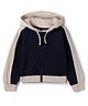 Tales & Stories Cotton Knit Full Sleeves Colour Blocked Hooded Light Winter Sweatshirt - Navy Blue