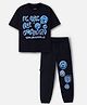 Nap Chief Pure Cotton Knit Smiley World Featuring Half Sleeves We Are All Connected Text Printed Oversized Tee & Cargo Joggers Set - Black