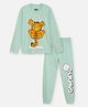 Nap Chief Pure Cotton Knit Garfield Featuring Full Sleeves Character Printed Relaxed Fit Night Suit Set - Aqua Green