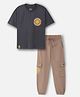 Nap Chief Pure Cotton Knit Smiley World Featuring Half Sleeves Typography Printed Oversized Tee & Joggers Set - Dark Grey