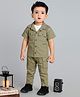 MASHUP Cotton Woven Half Sleeves Solid Shirt & Pant With Animals Printed Tee Set - Olive