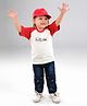 MASHUP Cotton Knit Half Sleeves Typography Printed Tee & Jeans With Cap Set - Red