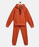 Tales & Stories Woven Full Sleeves Brand Name Embroidered Hooded Light Winter Sweatshirt & Track Pants Set - Rust Orange