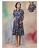 Zelena 100% Cotton Woven Half Sleeves Trees Printed Maternity Shirt Style Dress With Centre Front Access - Navy Blue
