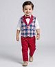 Babyhug Cotton Woven Full Sleeves Yarn Dyed Checks 3 Piece Party Suit With Bow & Waist Coat - Maroon